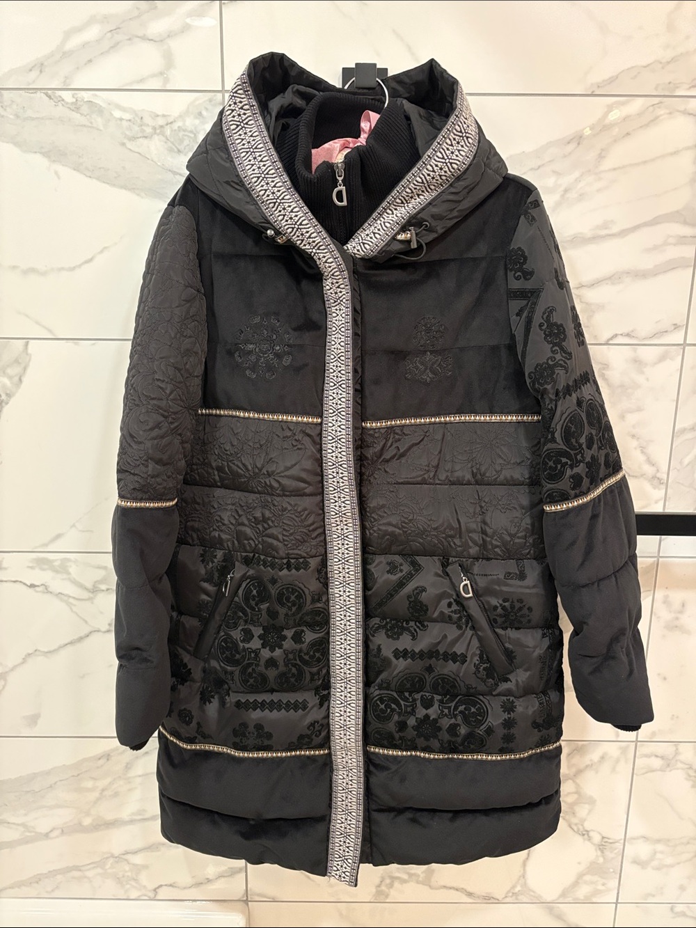 Desigual Black Quilted Hooded Puffer with Embroidered Panels Size L